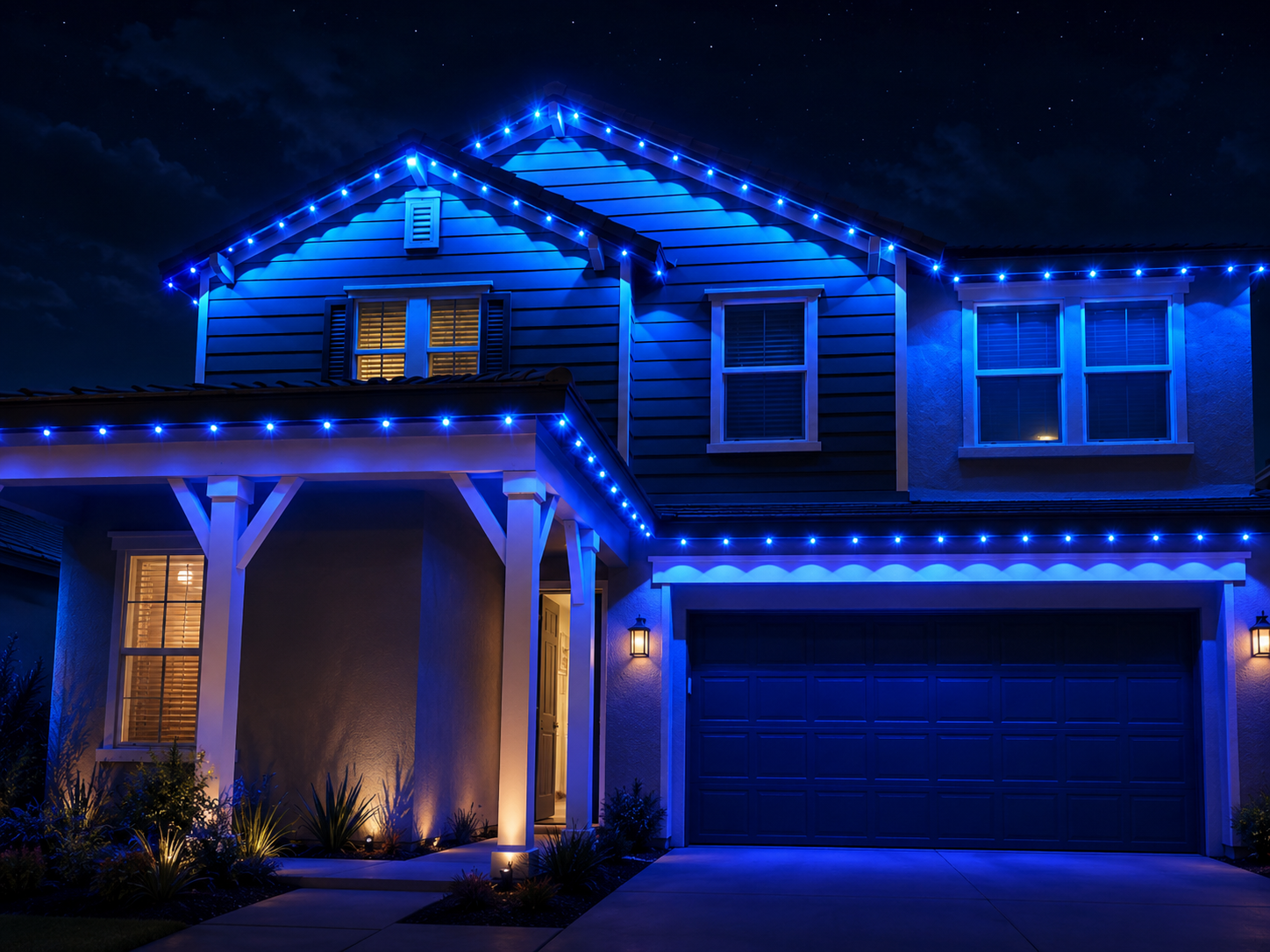 Two-story suburban home at night with vivid blue permanent LED roofline lighting
